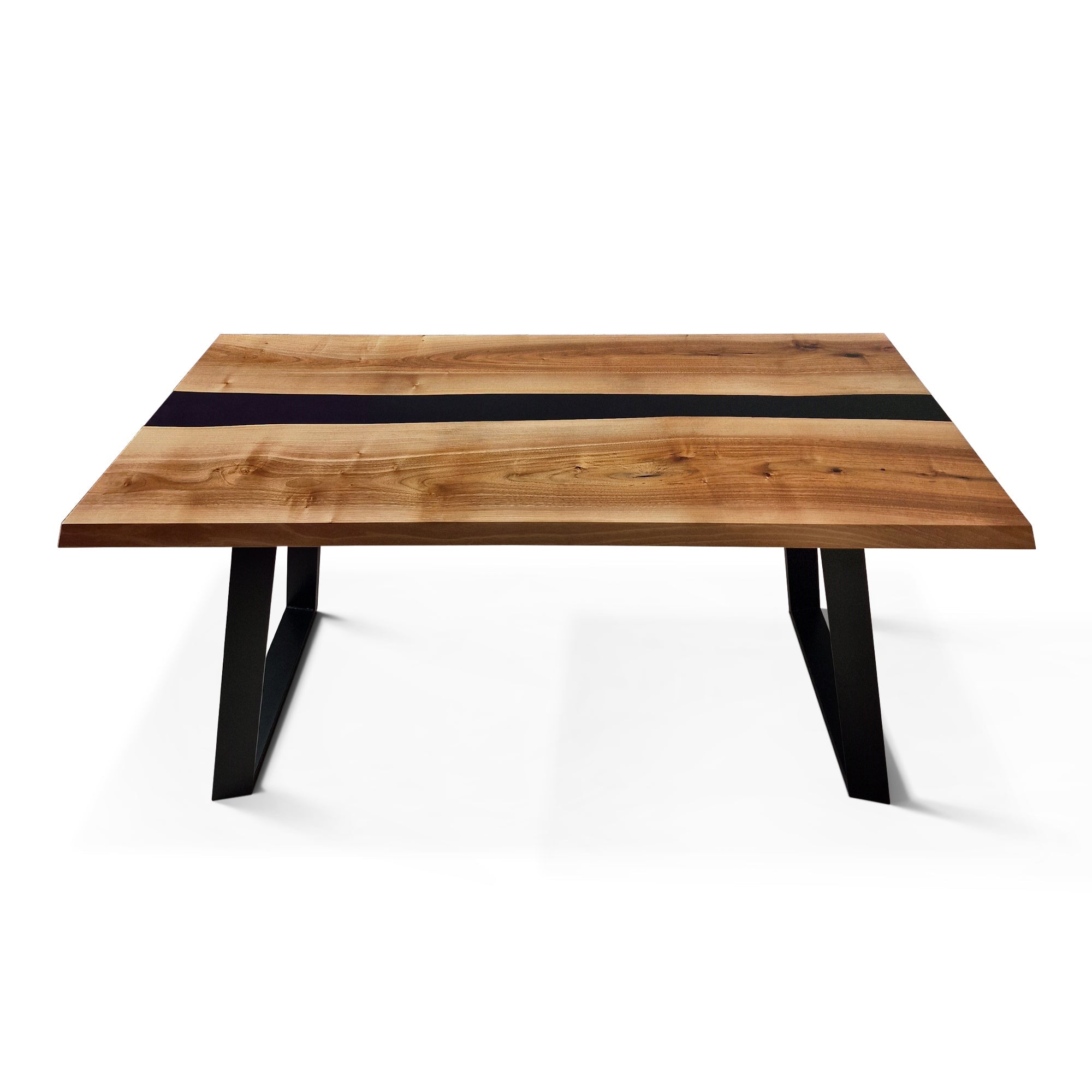 Table époxy noire - Succombez au charme de notre table époxy noire - avec piètement trapèze - L'alliance de l'orme et de la résine colorée en fait un véritable