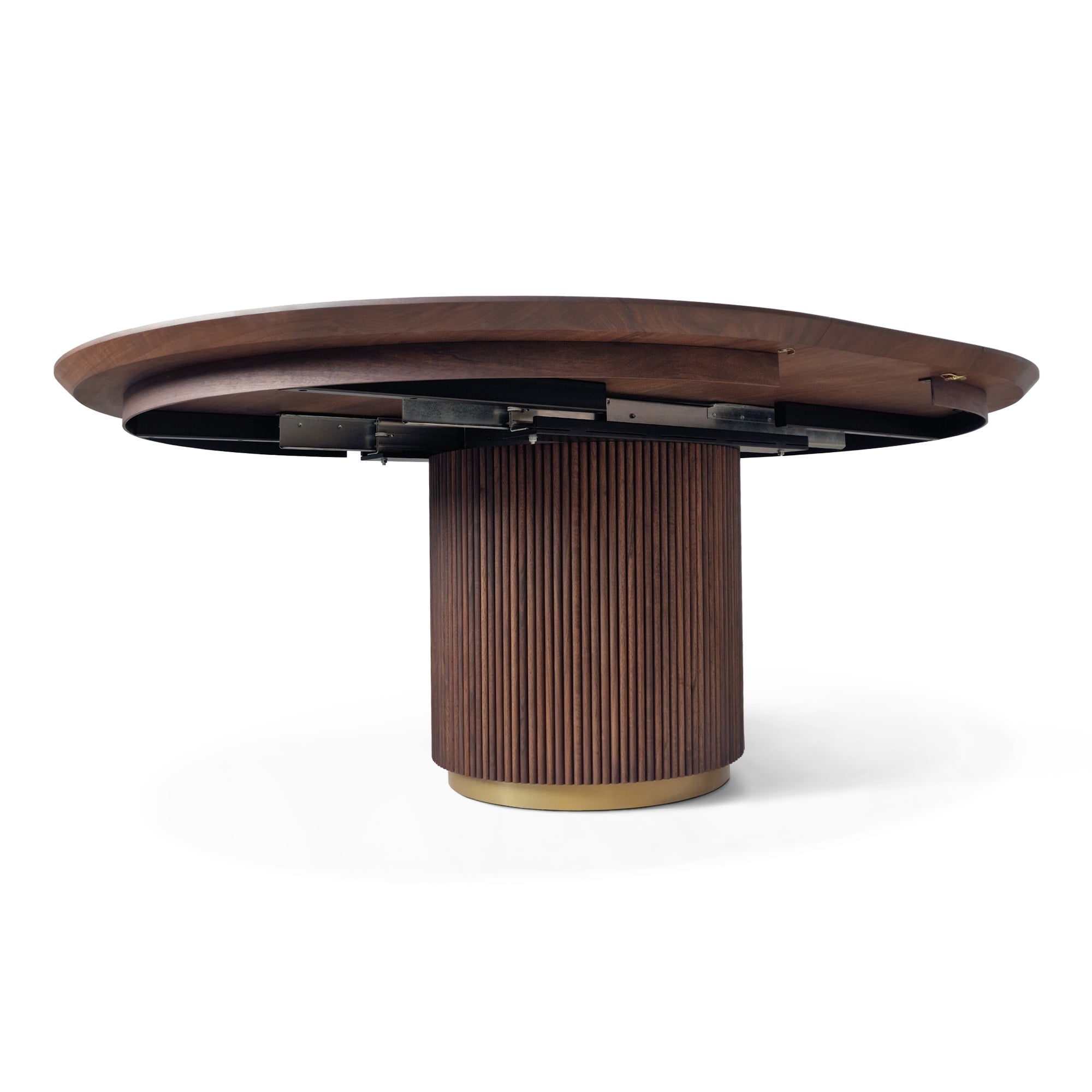 Table à manger ronde extensible en noyer couleur chocolat - avec plateau en noyer massif, en placage de noyer ou en chêne traité thermiquement - combine habilement
