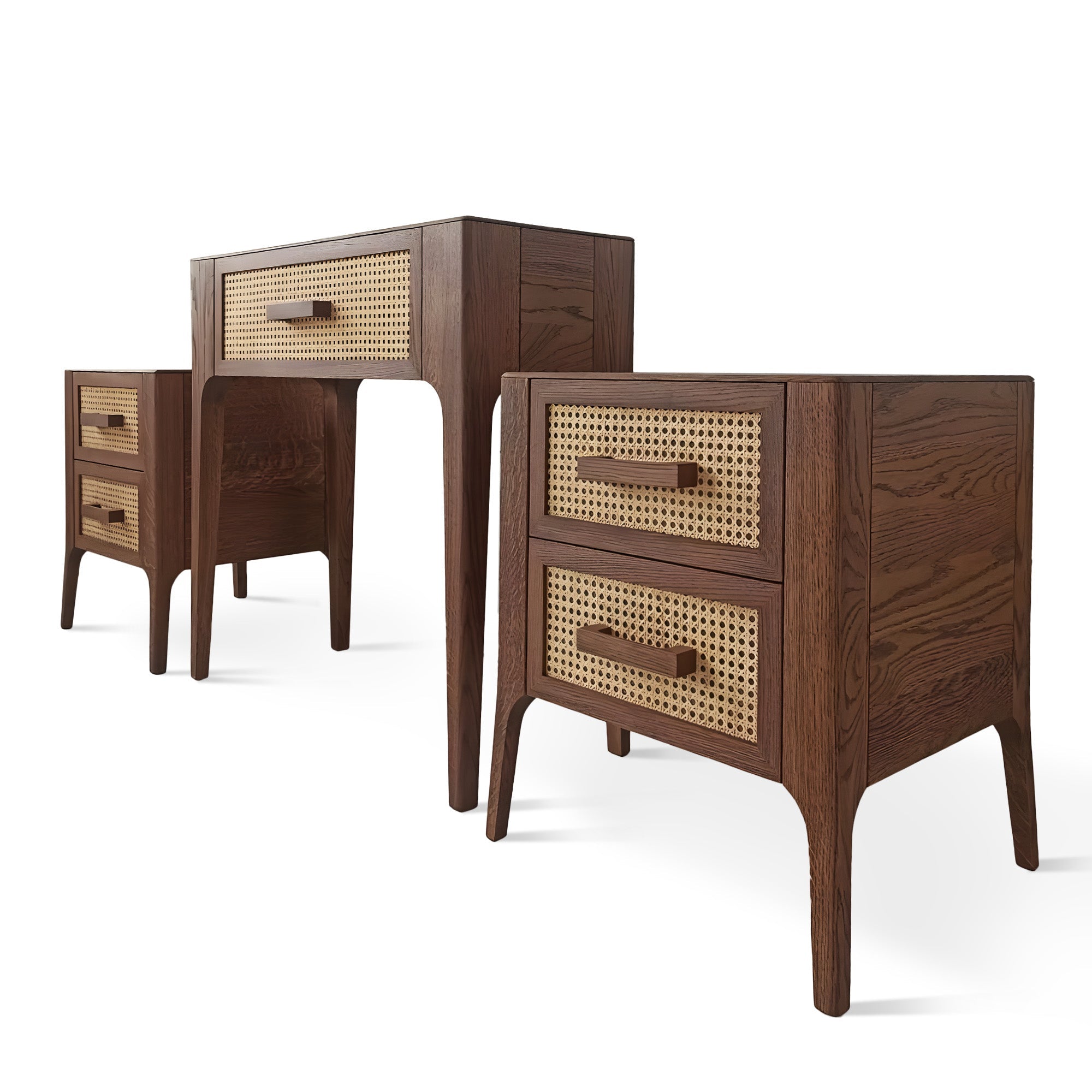 Ensemble de chevet - L'ensemble comprend deux tables de chevet et une console - fabriqués en chêne massif avec des éléments en rotin naturel - apportant une touche d'élégance et