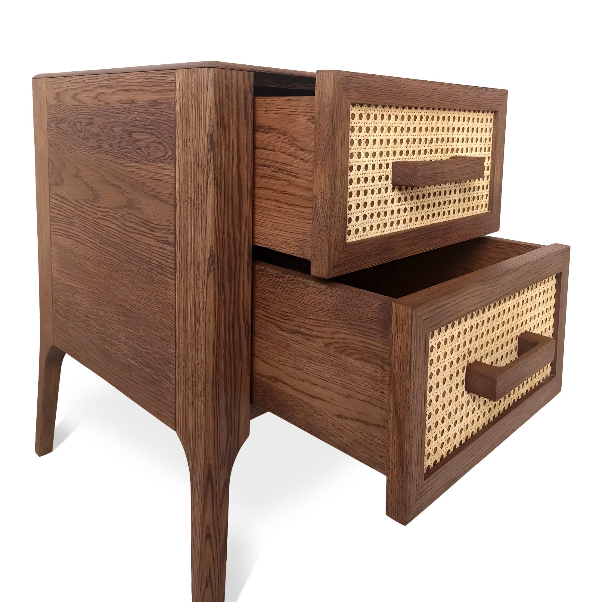 Ensemble de chevet - L'ensemble comprend deux tables de chevet et une console - fabriqués en chêne massif avec des éléments en rotin naturel - apportant une touche d'élégance et