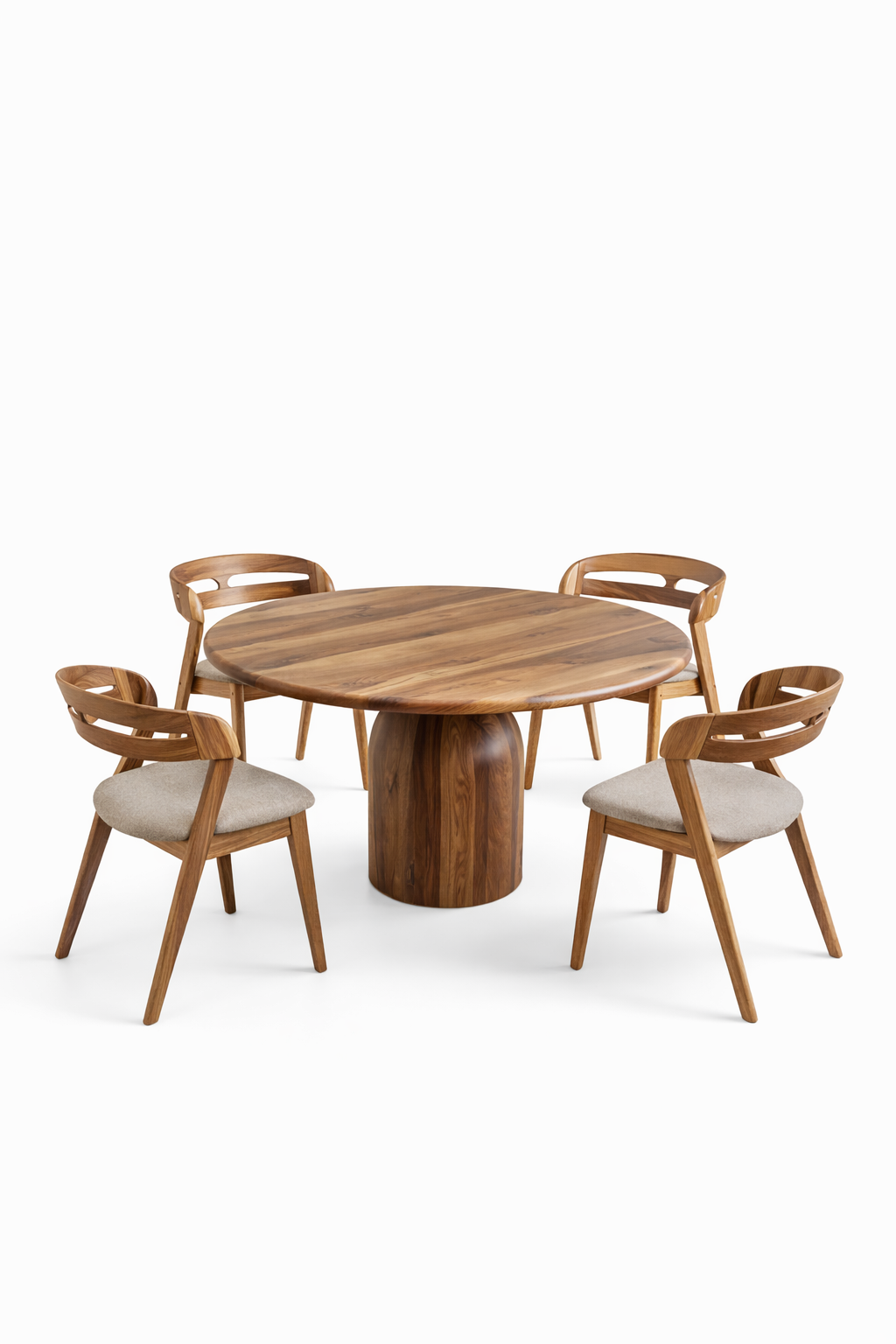 Table à Manger Ronde Extensible en Noyer - Cette luxueuse table à manger ronde – fabriquée à la main avec expertise à partir de noyer massif européen de première qualité – incarne