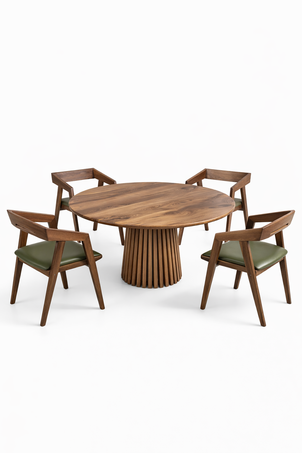 Table à manger ronde extensible en noyer foncé – Découvrez notre table à manger ronde extensible fabriquée à la main en noyer foncé avec pieds en tube – un