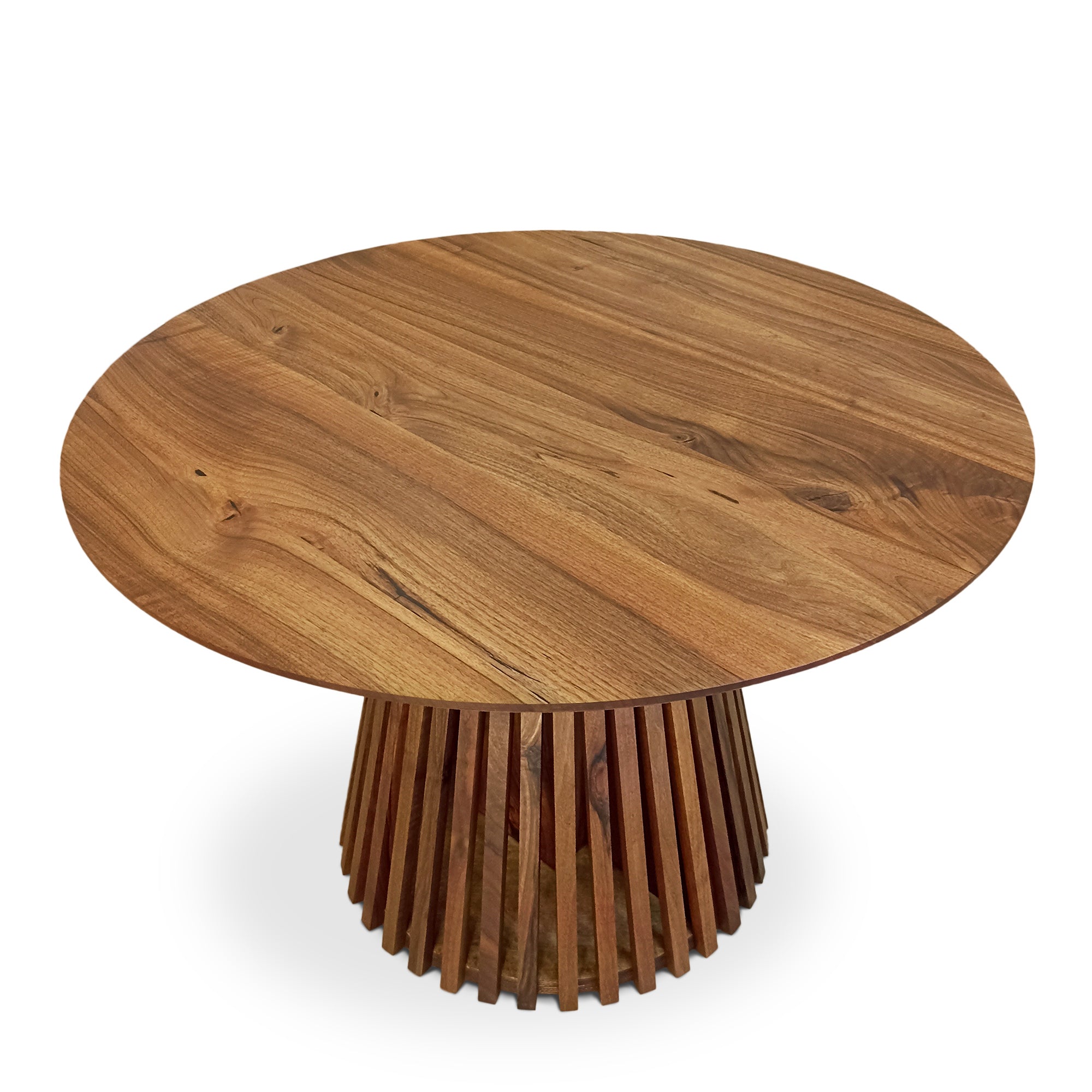 Table à manger ronde extensible en noyer foncé – Découvrez notre table à manger ronde extensible fabriquée à la main en noyer foncé avec pieds en tube – un