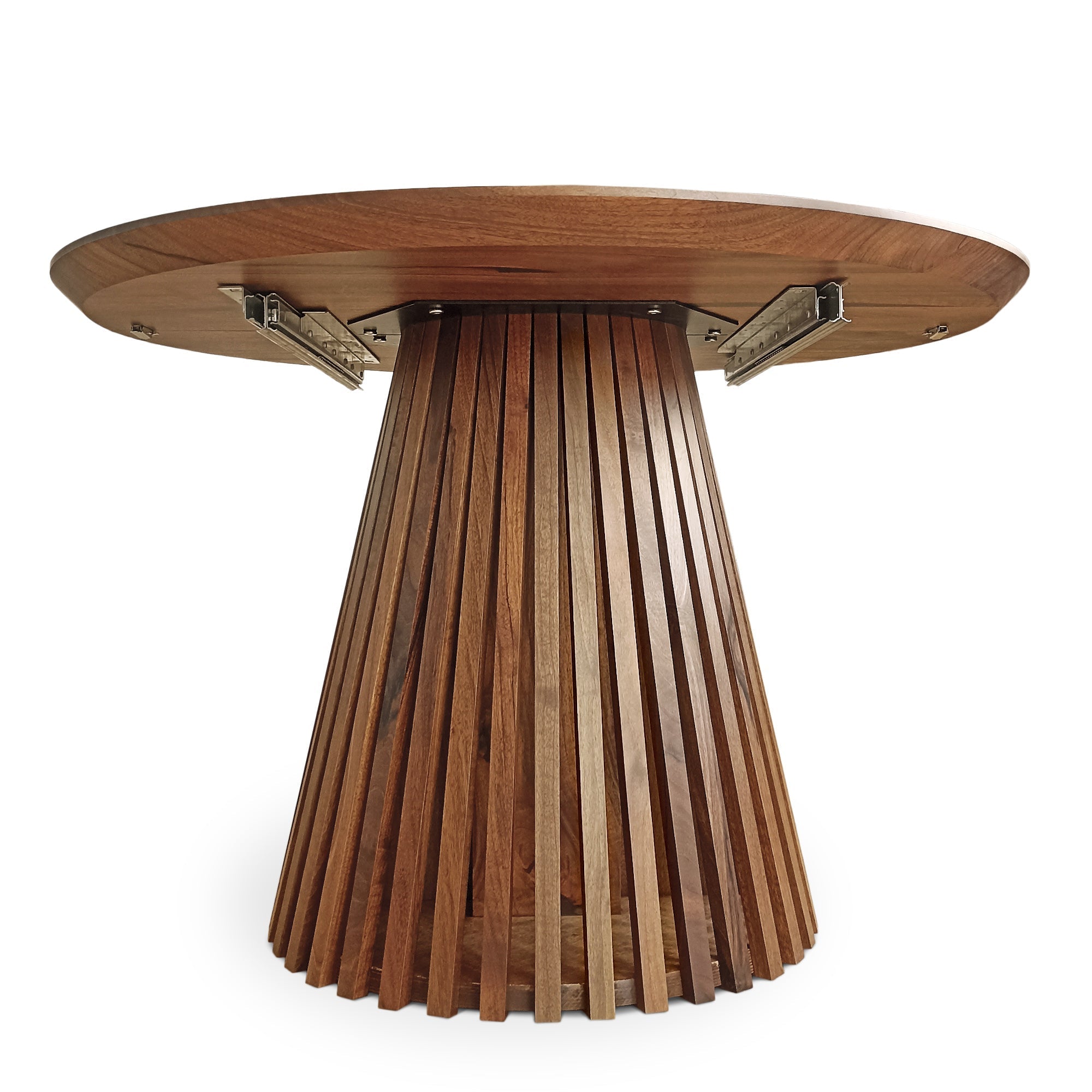 Table à manger ronde extensible en noyer foncé – Découvrez notre table à manger ronde extensible fabriquée à la main en noyer foncé avec pieds en tube – un