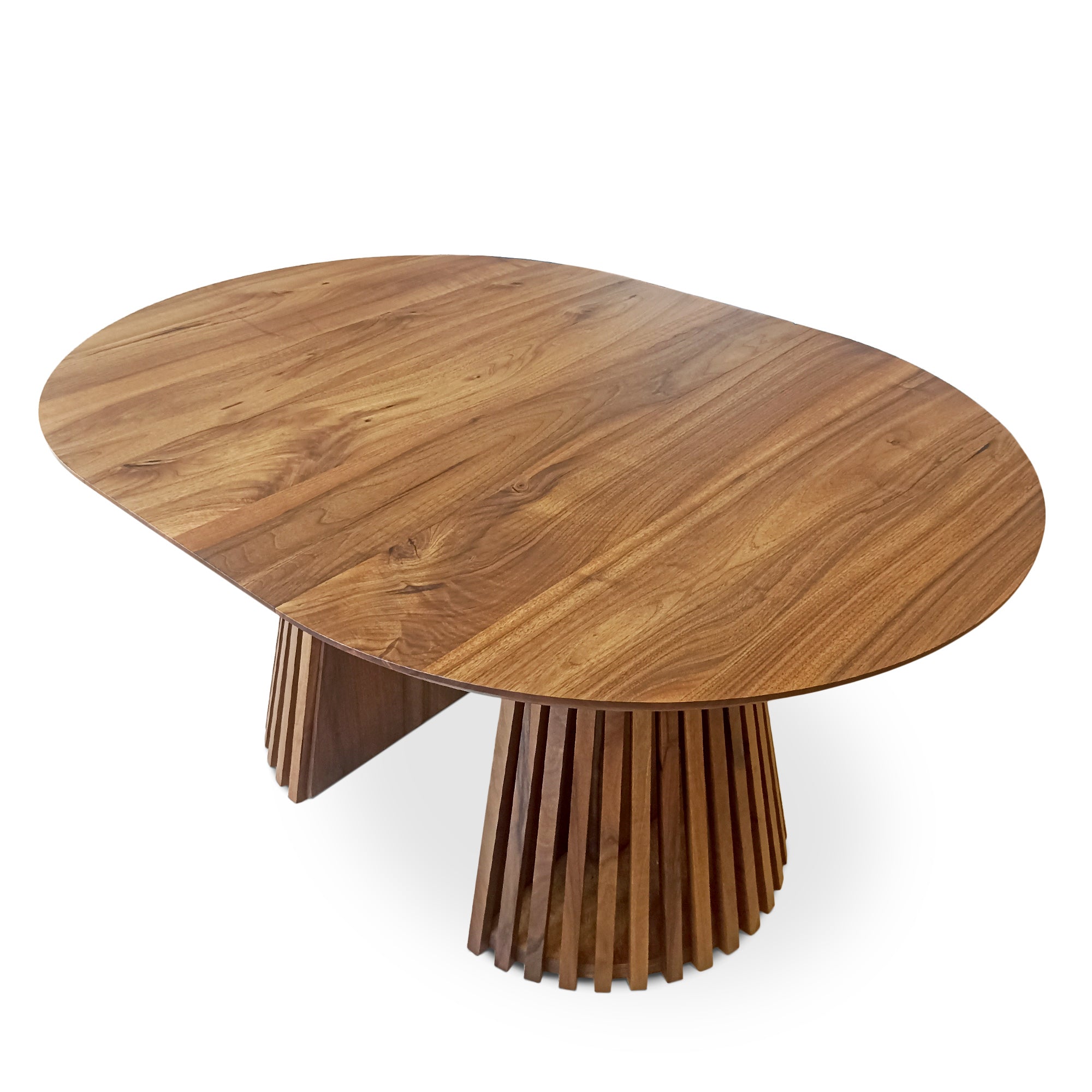 Table à manger ronde extensible en noyer foncé – Découvrez notre table à manger ronde extensible fabriquée à la main en noyer foncé avec pieds en tube – un