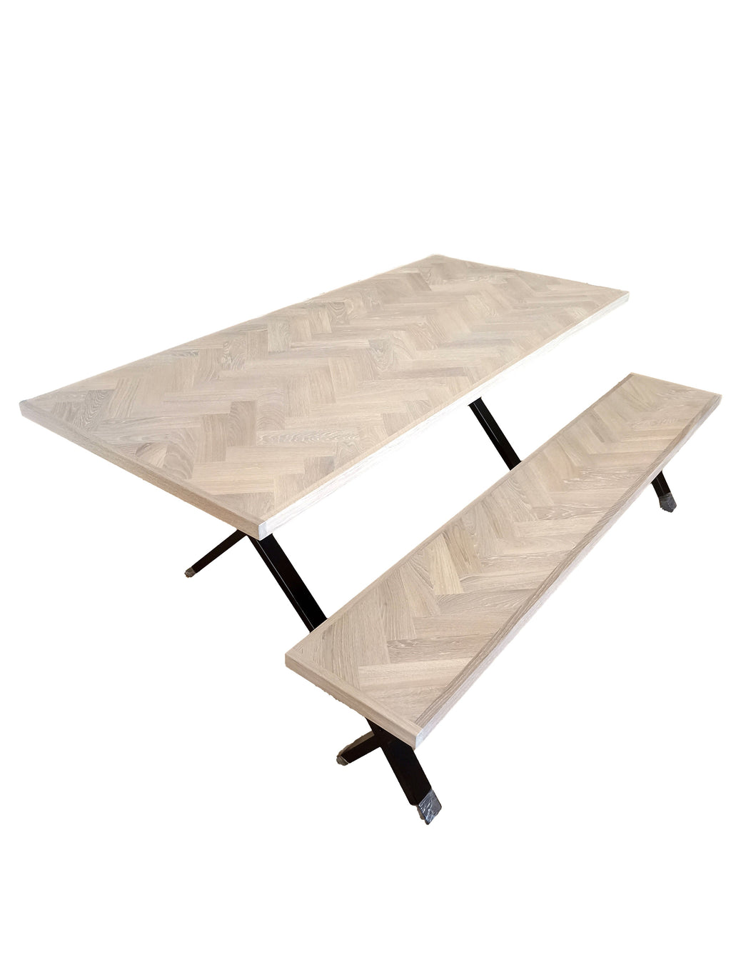 Table à manger extensible en chevrons de coton - Table à manger en chevrons composée de lattes de chêne massif de 15 mm assemblées avec des lattes de chêne de 20 mm sur du bouleau de 25 mm