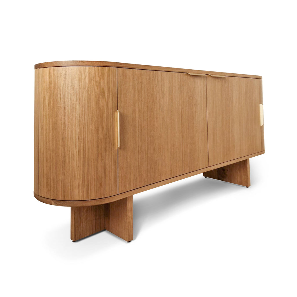 Buffet bas - un buffet bas épuré - fabriqué en noyer massif ou en chêne avec des bords lisses et arrondis en placage de chêne ou entièrement en placage de chêne pour une