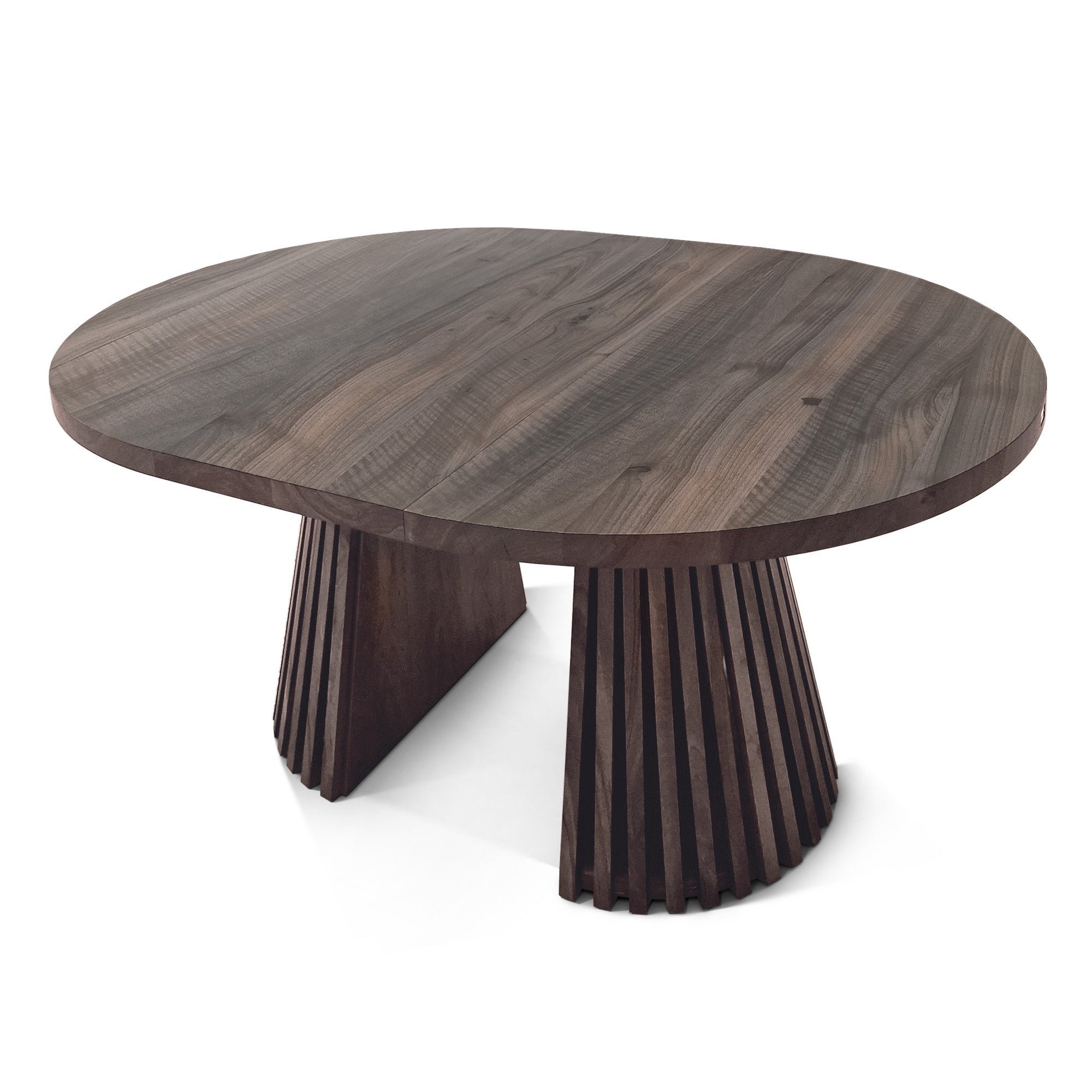 La table de salle à manger ronde extensible en noyer anthracite – avec son pied tubulaire distinctif à facettes – est un chef-d'œuvre unique et sur mesure qui fusionne