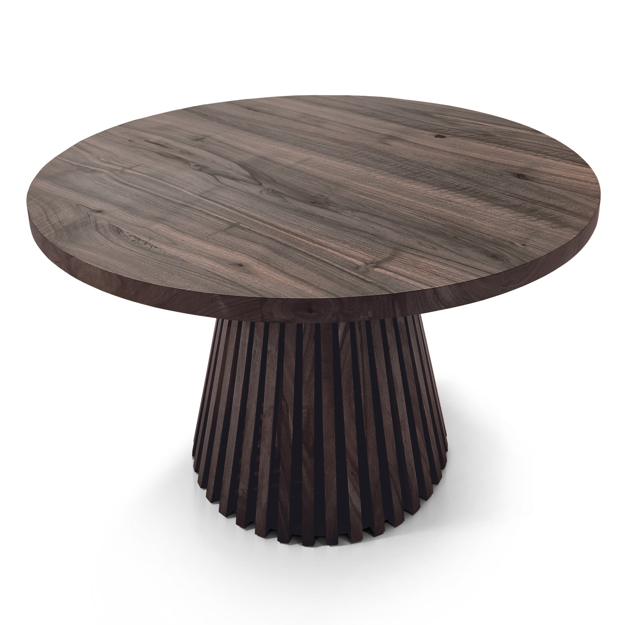 La table de salle à manger ronde extensible en noyer anthracite – avec son pied tubulaire distinctif à facettes – est un chef-d'œuvre unique et sur mesure qui fusionne