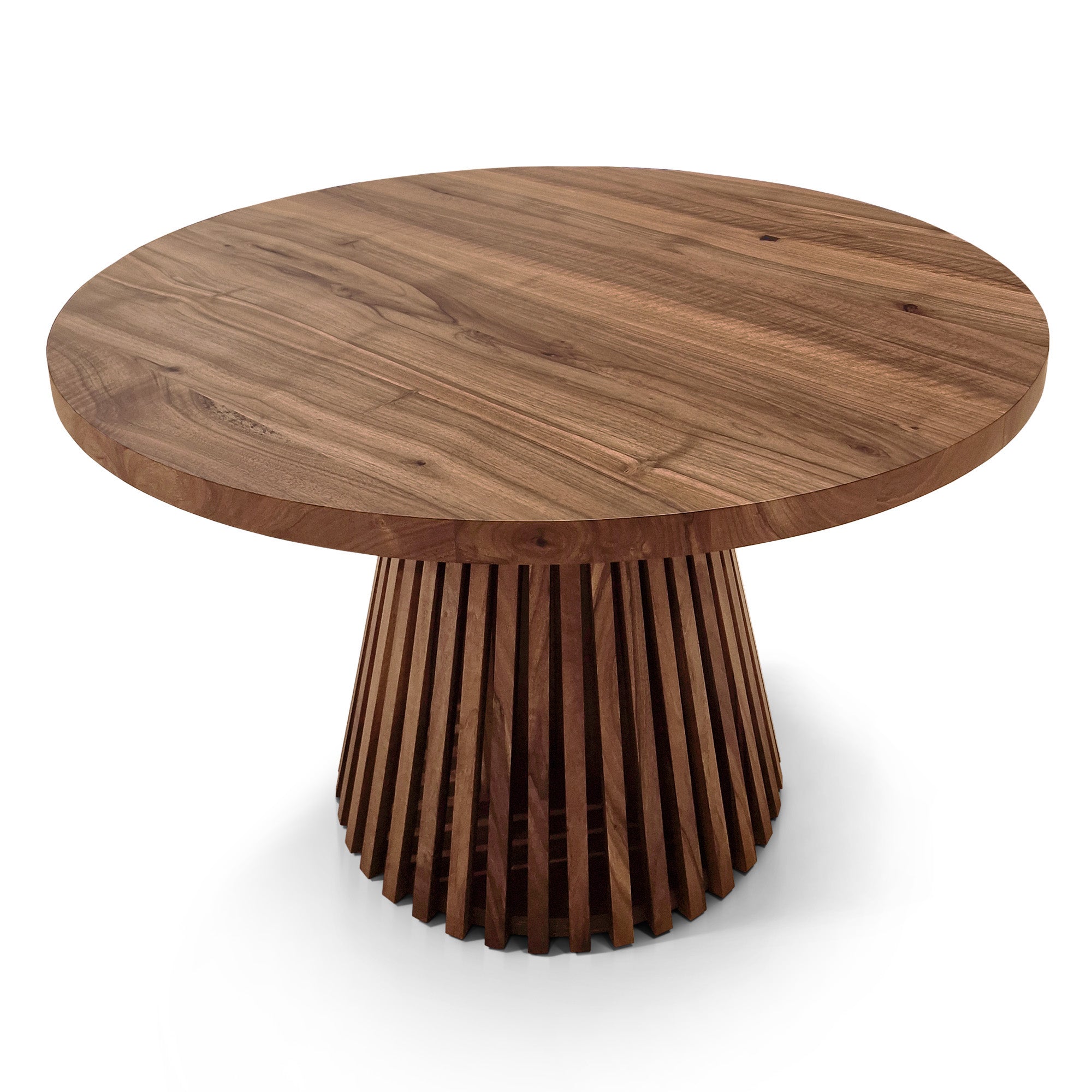 Table à manger ronde extensible en noyer chocolat – Voici notre table à manger ronde fabriquée à la main en noyer avec des pieds en métal – un ajout magnifique à