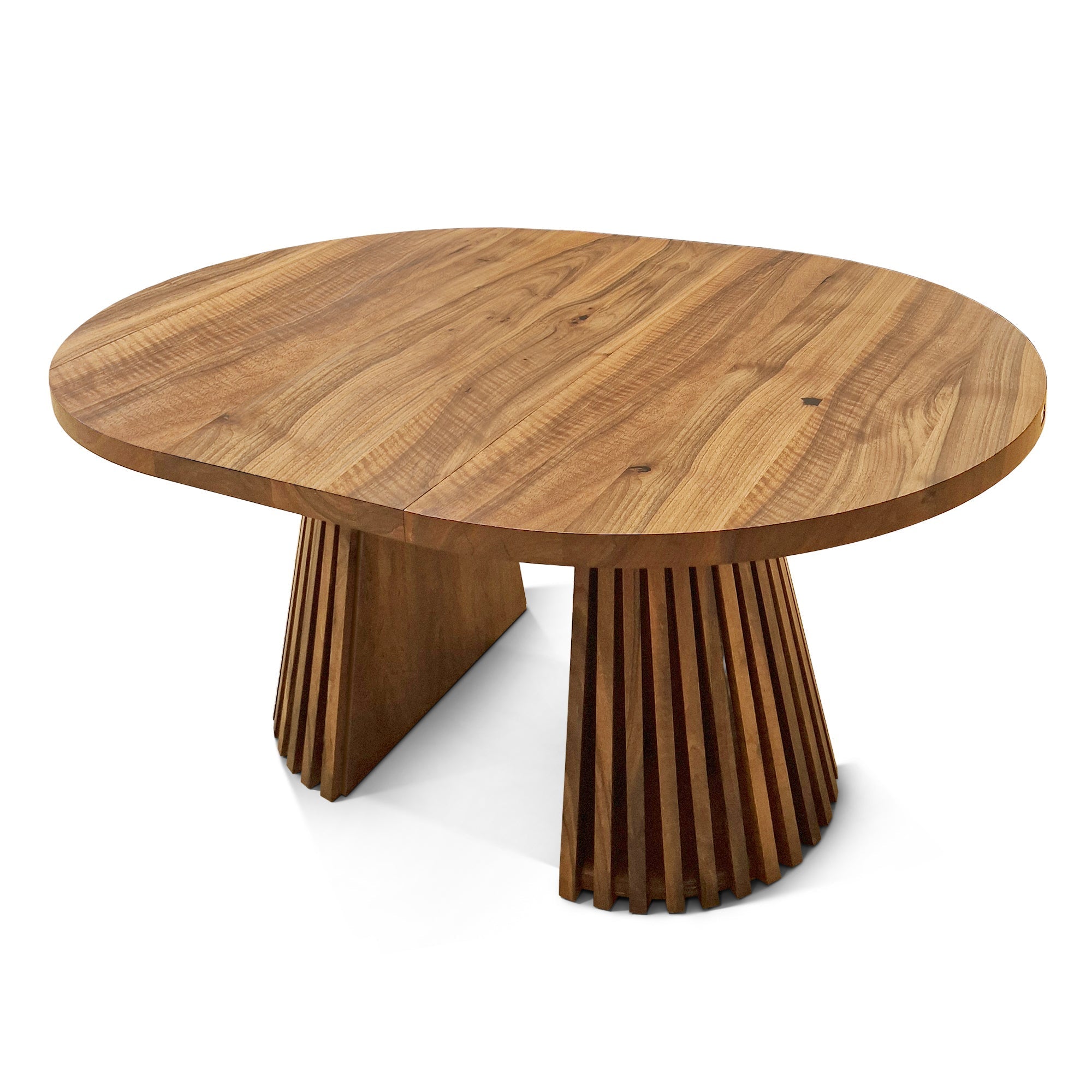 Table à manger ronde extensible en noyer foncé – Découvrez notre table à manger ronde extensible fabriquée à la main en noyer foncé avec pieds en tube – un