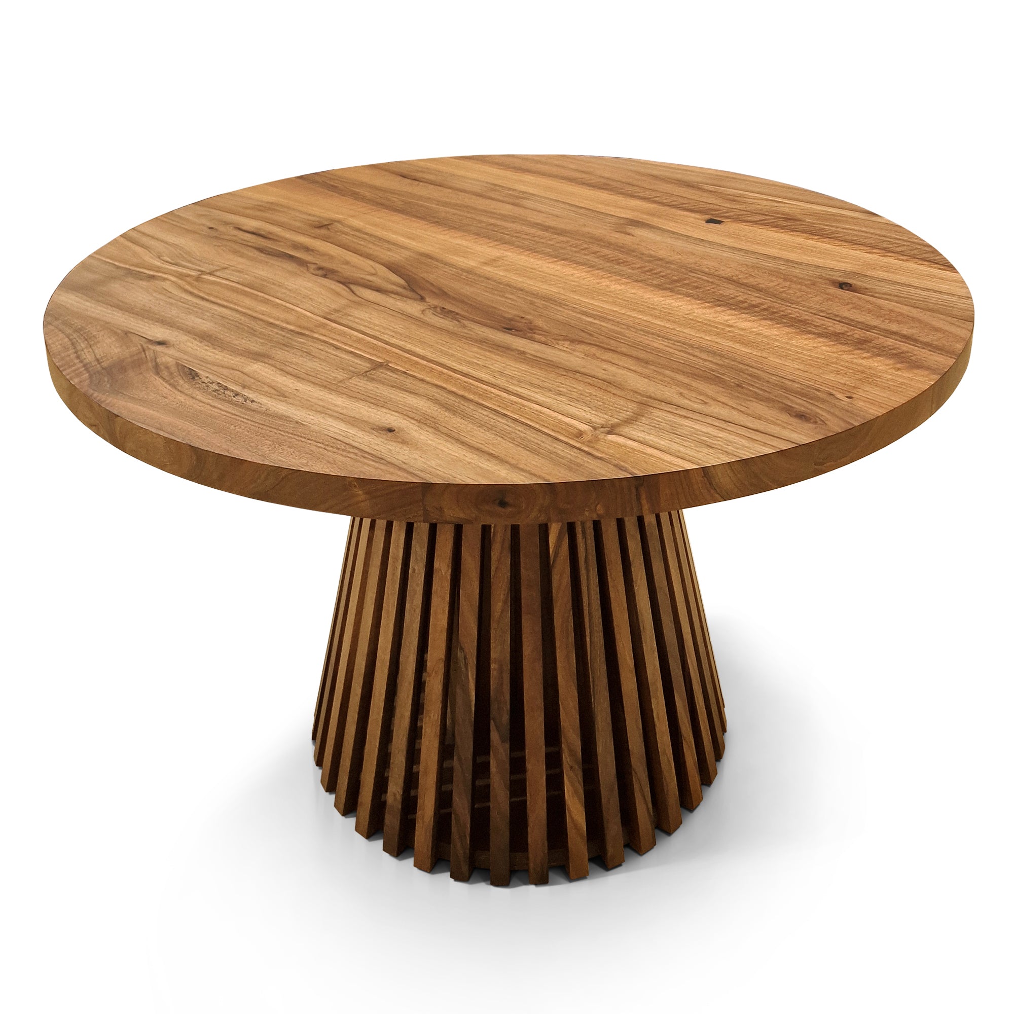 Table à manger ronde extensible en noyer foncé – Découvrez notre table à manger ronde extensible fabriquée à la main en noyer foncé avec pieds en tube – un