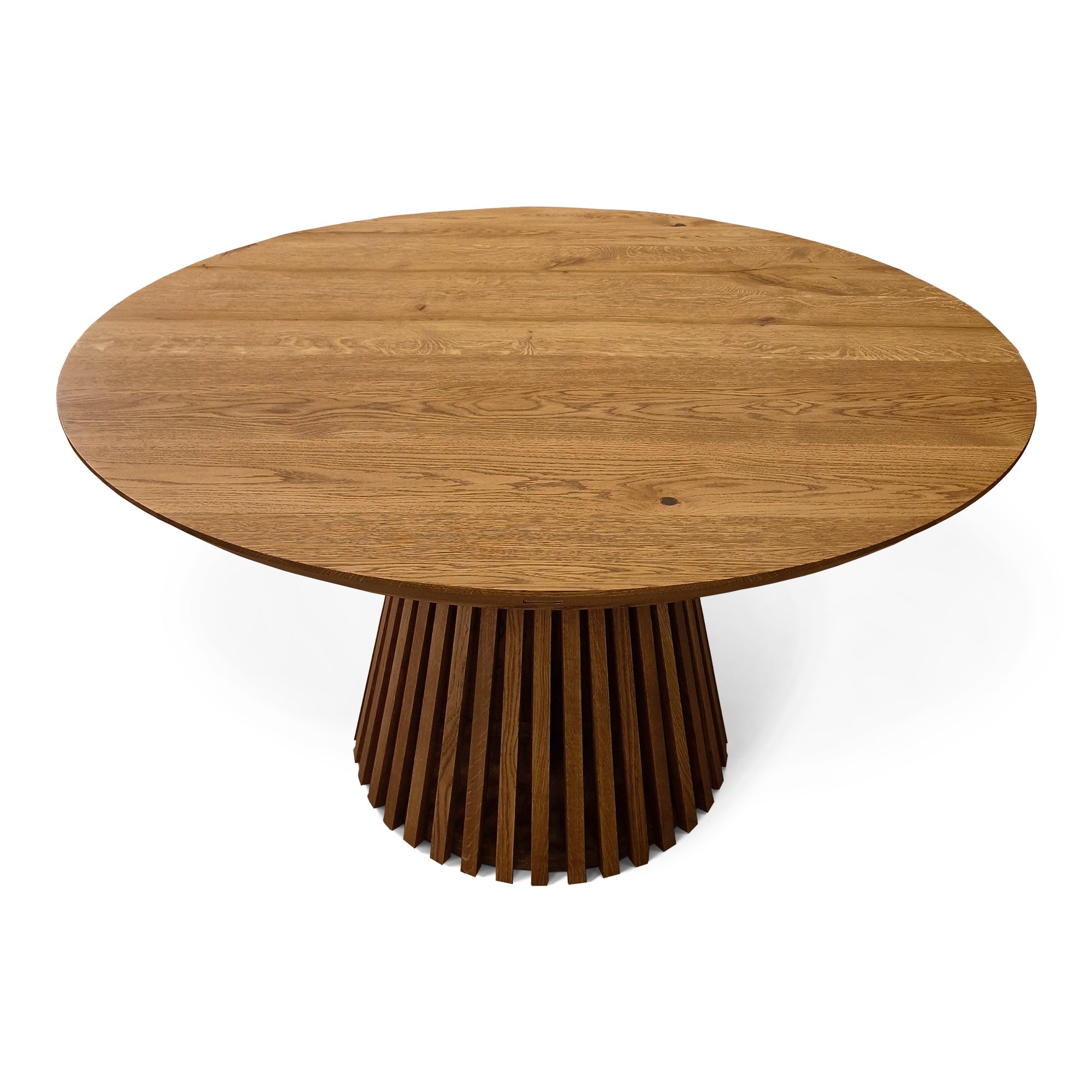 Table à Manger Ronde Extensible en Chêne Foncé - Découvrez notre table à manger ronde fabriquée à la main en chêne avec piètement en métal tubulaire - un ajout superbe à tout intérieur