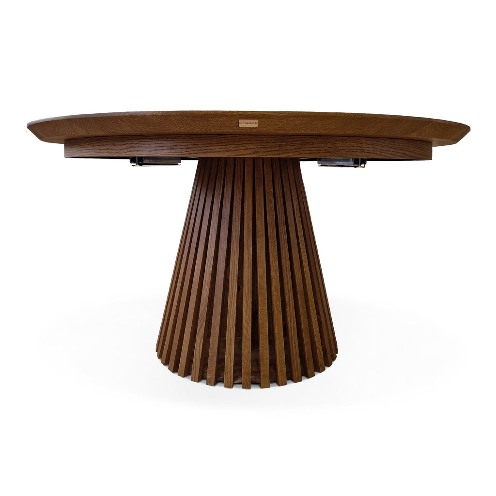 Table à Manger Ronde Extensible en Chêne Foncé - Découvrez notre table à manger ronde fabriquée à la main en chêne avec piètement en métal tubulaire - un ajout superbe à tout intérieur