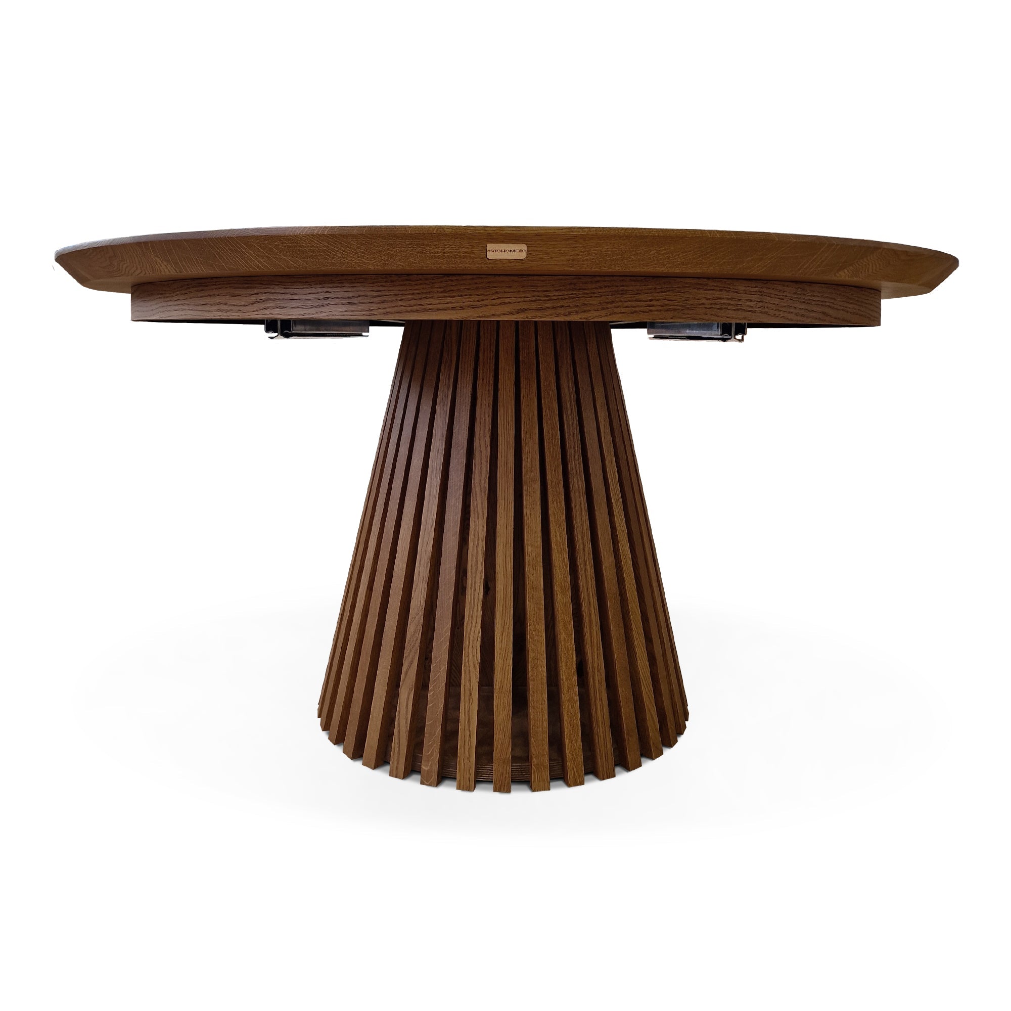 Table à Manger Ronde Extensible en Chêne Foncé - Découvrez notre table à manger ronde fabriquée à la main en chêne avec piètement en métal tubulaire - un ajout superbe à tout intérieur
