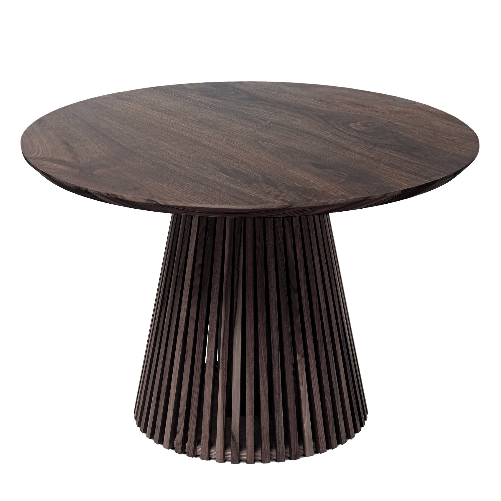 La table de salle à manger ronde extensible en noyer anthracite – avec son pied tubulaire distinctif à facettes – est un chef-d'œuvre unique et sur mesure qui fusionne