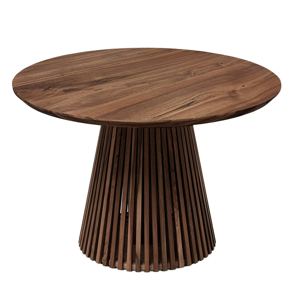 Table à manger ronde extensible en noyer chocolat – Voici notre table à manger ronde fabriquée à la main en noyer avec des pieds en métal – un ajout magnifique à