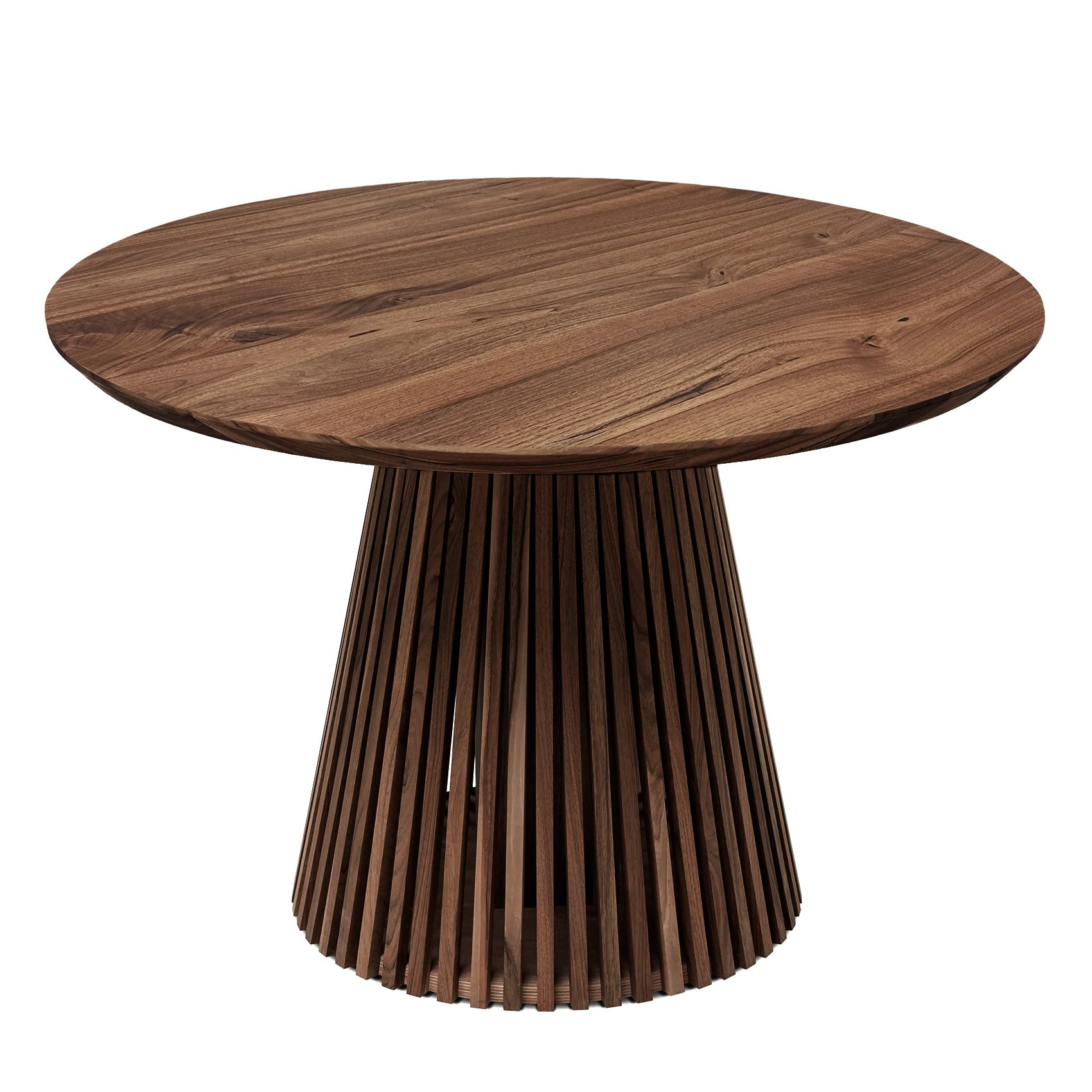 Table à manger ronde extensible en noyer chocolat – Voici notre table à manger ronde fabriquée à la main en noyer avec des pieds en métal – un ajout magnifique à