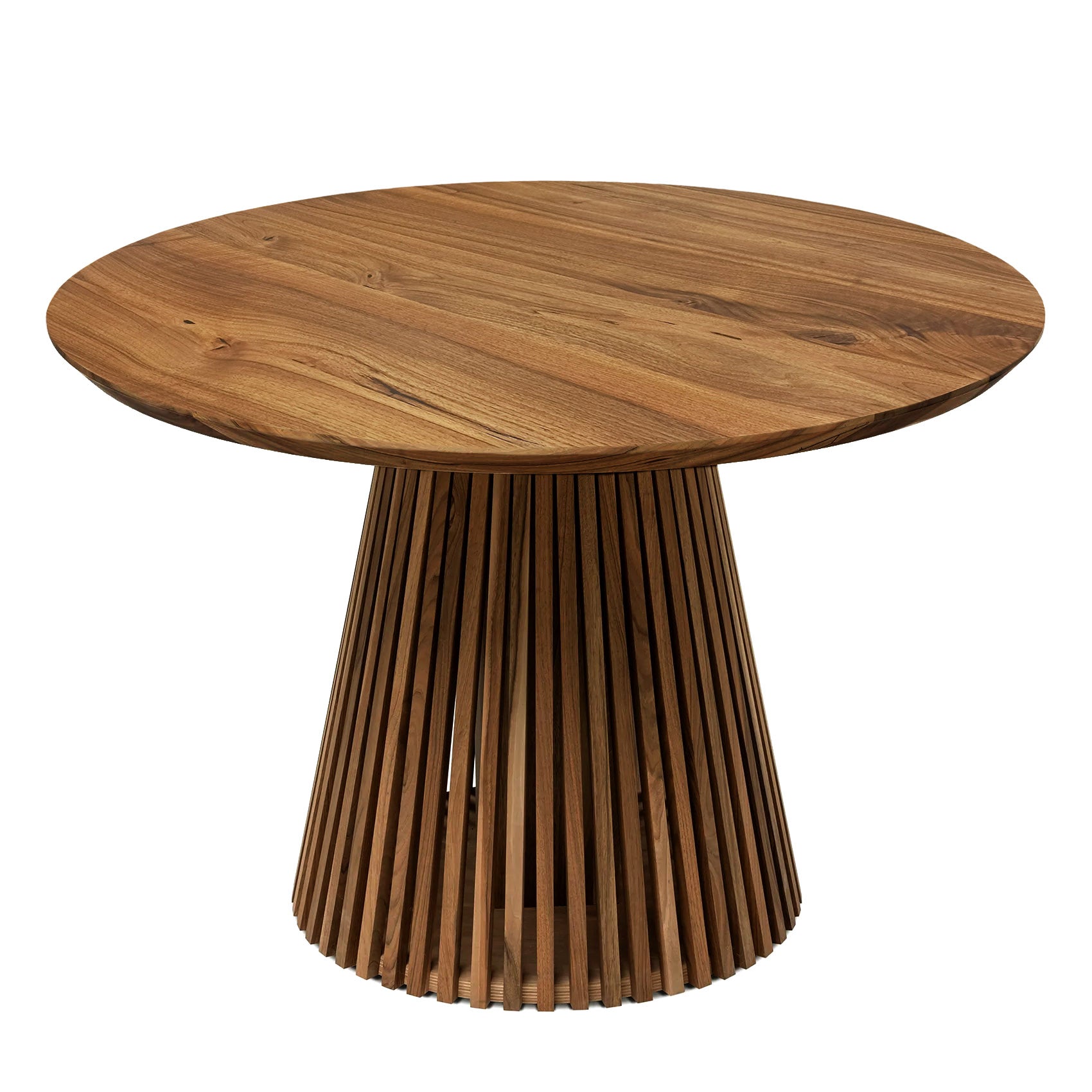 Table à manger ronde extensible en noyer foncé – Découvrez notre table à manger ronde extensible fabriquée à la main en noyer foncé avec pieds en tube – un