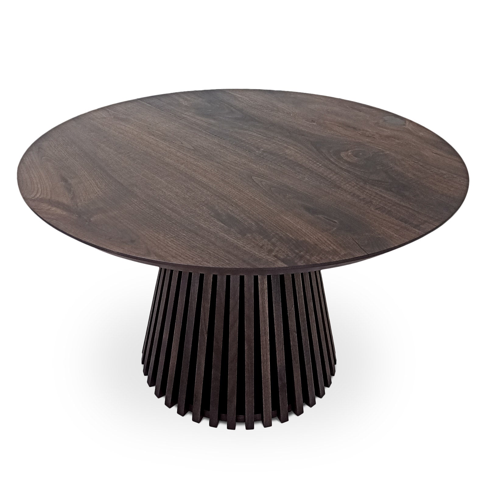 La table de salle à manger ronde extensible en noyer anthracite – avec son pied tubulaire distinctif à facettes – est un chef-d'œuvre unique et sur mesure qui fusionne