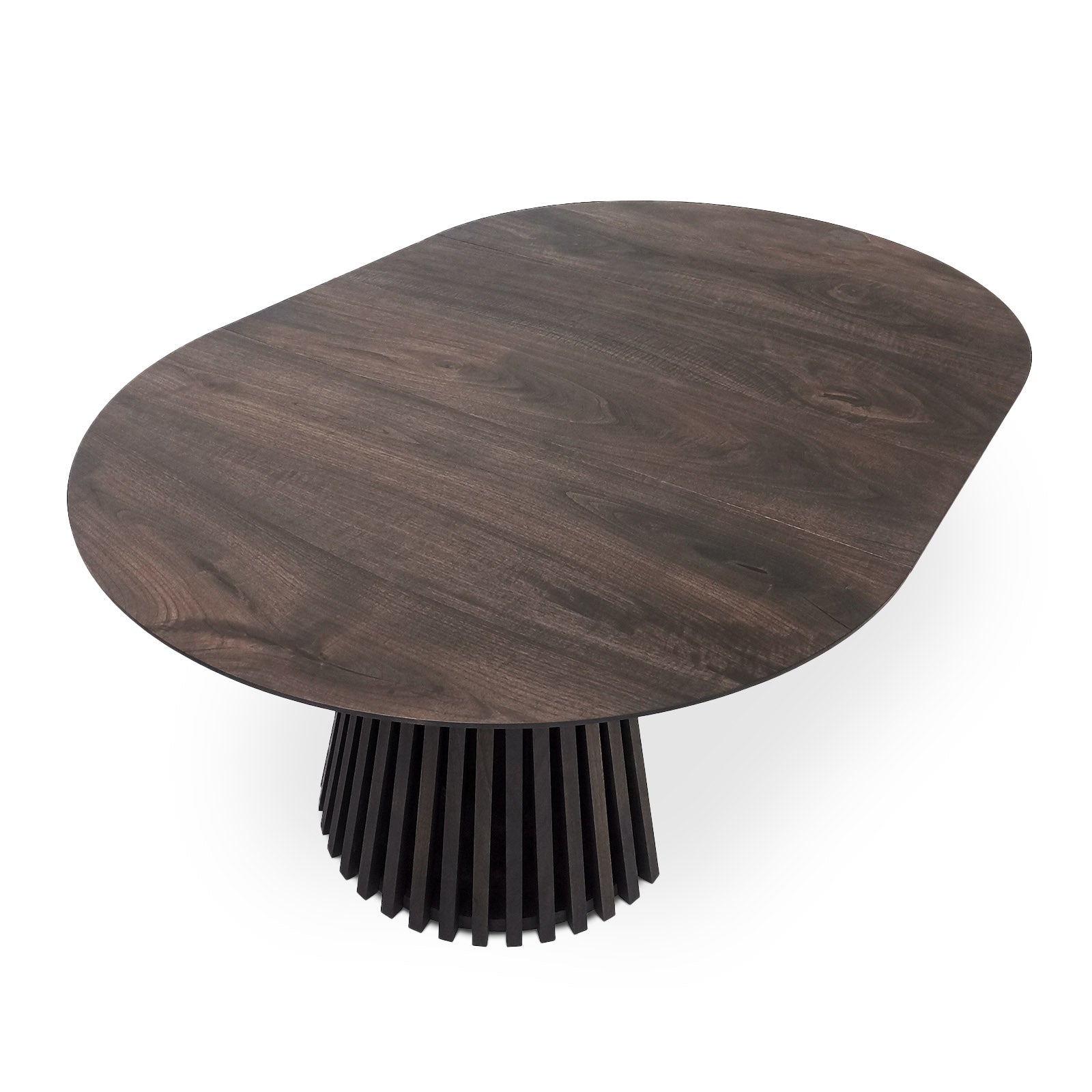 La table de salle à manger ronde extensible en noyer anthracite – avec son pied tubulaire distinctif à facettes – est un chef-d'œuvre unique et sur mesure qui fusionne