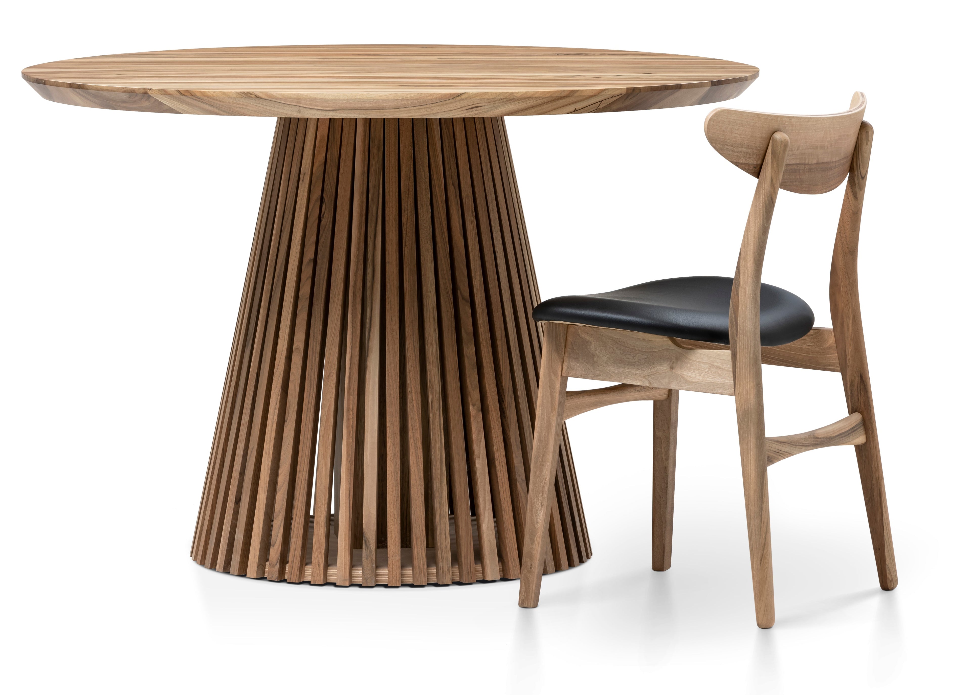 Table à manger ronde extensible en noyer – Découvrez notre table à manger ronde extensible en noyer fabriquée à la main avec pieds en tube – un ajout magnifique à toute