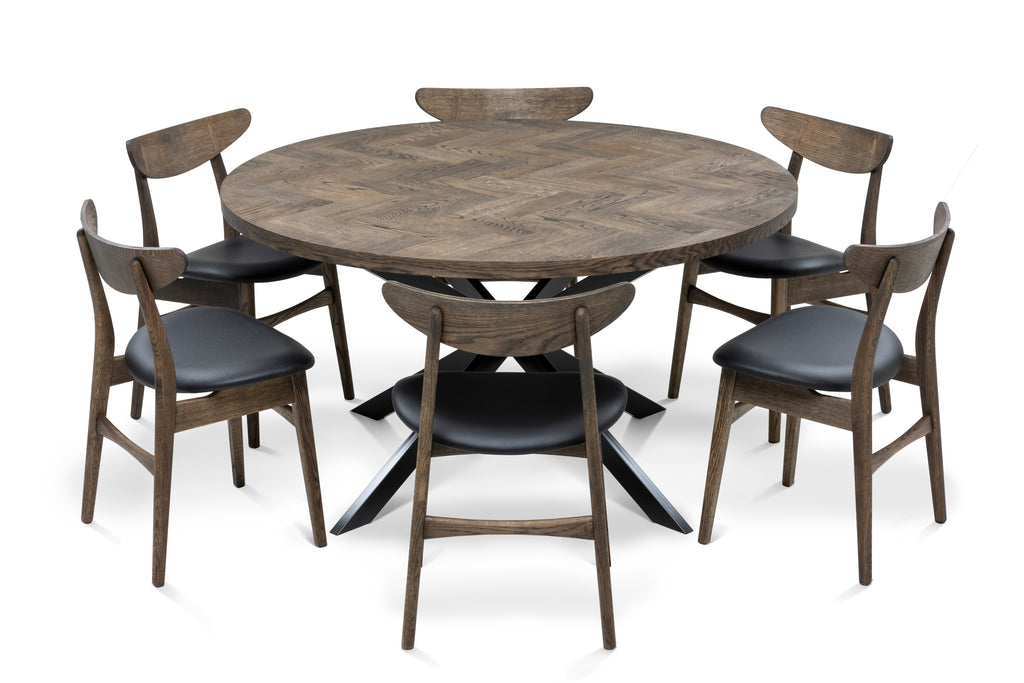 Table à manger ronde extensible à chevrons en chêne foncé - Découvrez notre table à manger ronde extensible à chevrons en chêne foncé – un ajout magnifique