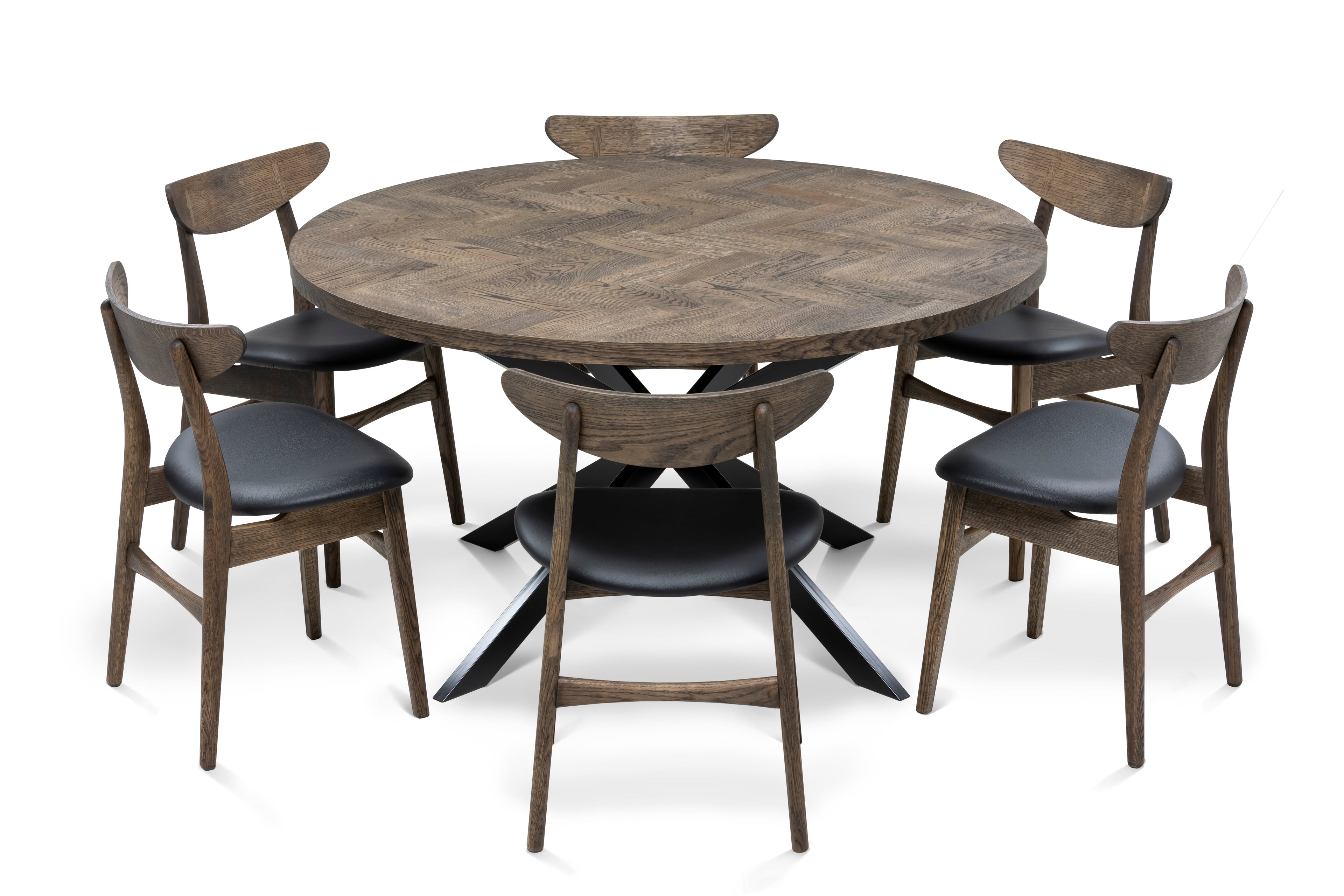 Table à manger ronde extensible à chevrons en chêne foncé - Découvrez notre table à manger ronde extensible à chevrons en chêne foncé – un ajout magnifique