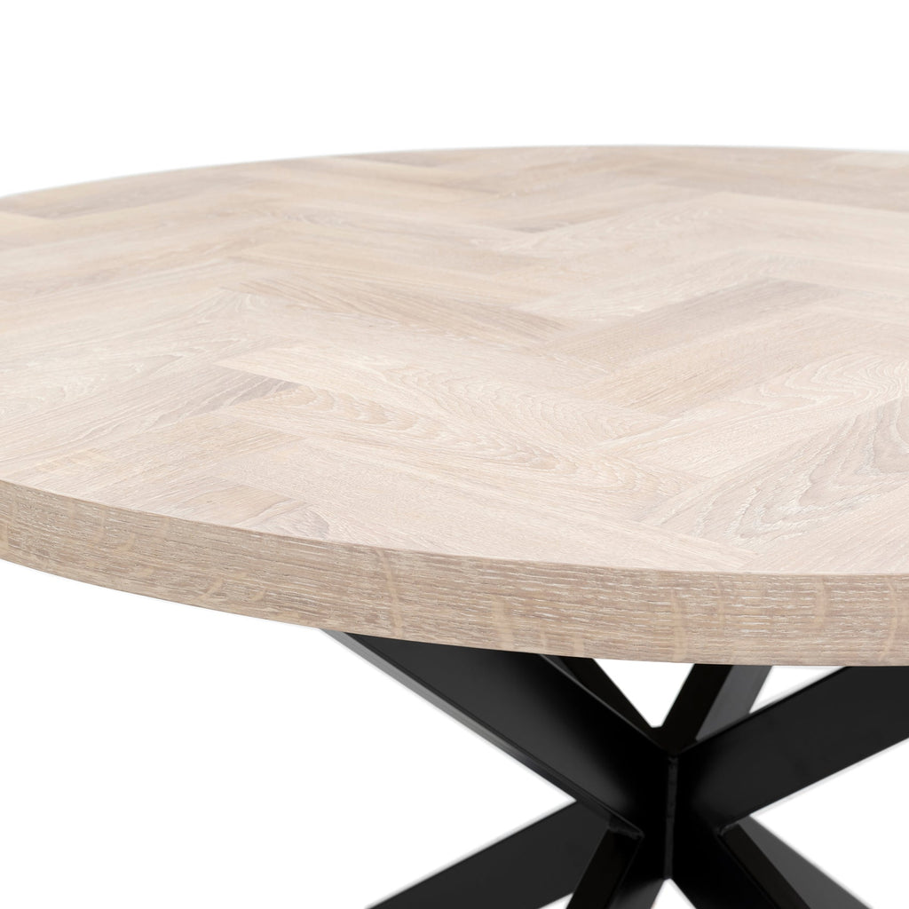 Table à manger ronde à chevrons extensible en chêne Cotton - Découvrez notre table à manger ronde à chevrons extensible en chêne Cotton, fabriquée à la main - un