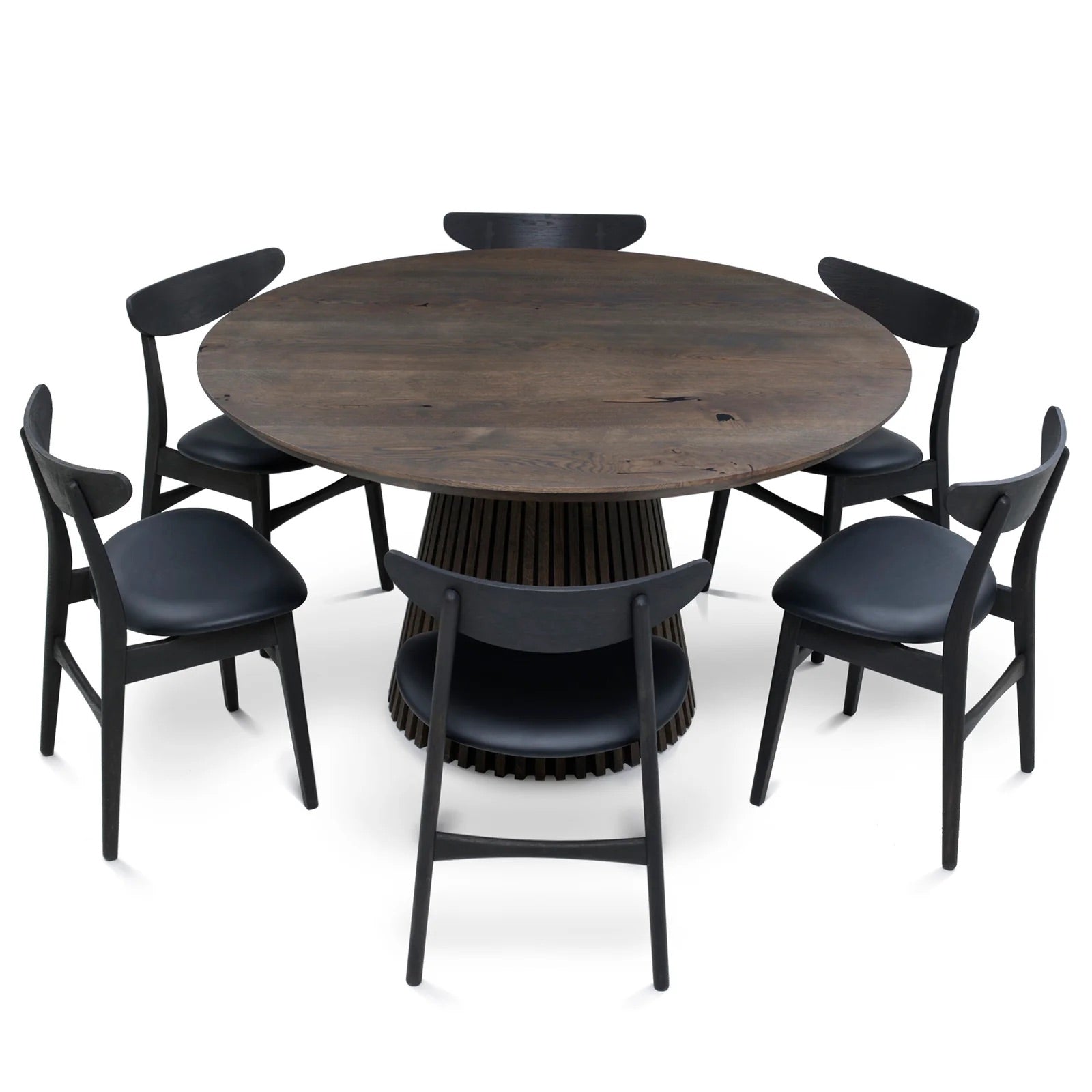 Table à manger ronde extensible en chêne fusain – dotée de son pied à facettes distinctif – est un chef-d'œuvre unique et sur mesure qui allie modernité