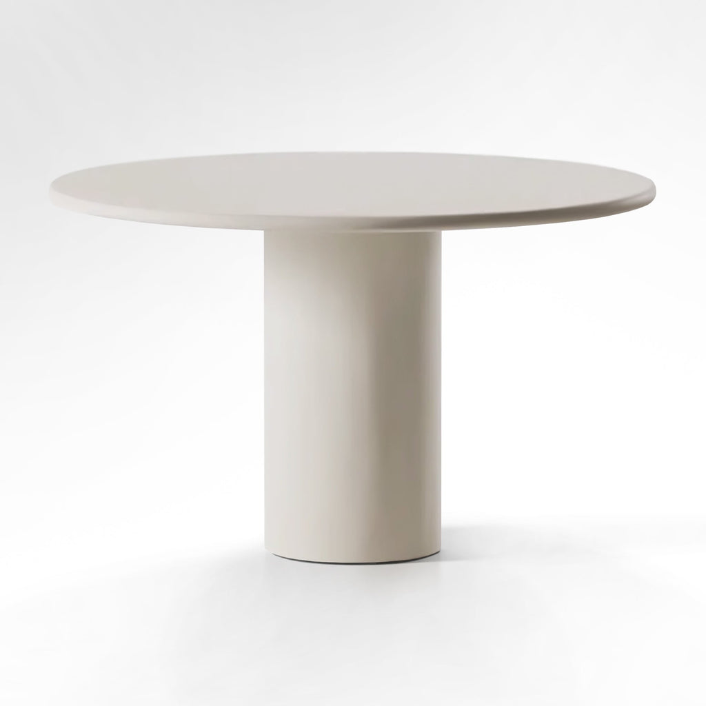 Table à manger ronde en Ciment - Microciment - MDF basse densité durable - et une structure en bois d'épicéa massif accompagnée d'un revêtement fromager pour