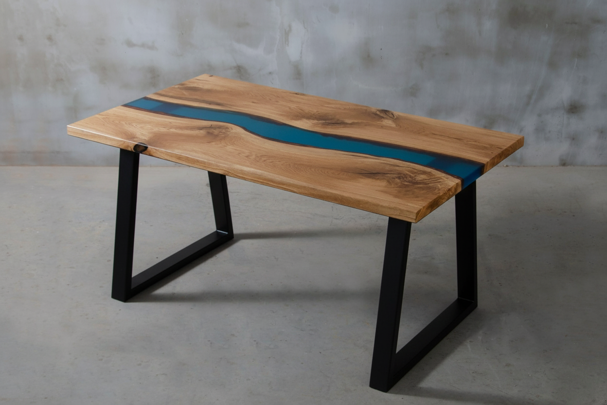 Table en époxy bleue - Succombez au charme de notre table rivière - avec un piètement trapèze - L'alliance de l'orme et de la résine colorée en fait une véritable œuvre d'art