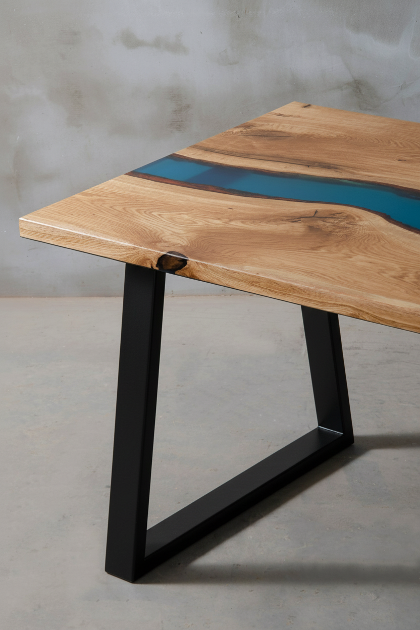 Table en époxy bleue - Succombez au charme de notre table rivière - avec un piètement trapèze - L'alliance de l'orme et de la résine colorée en fait une véritable œuvre d'art