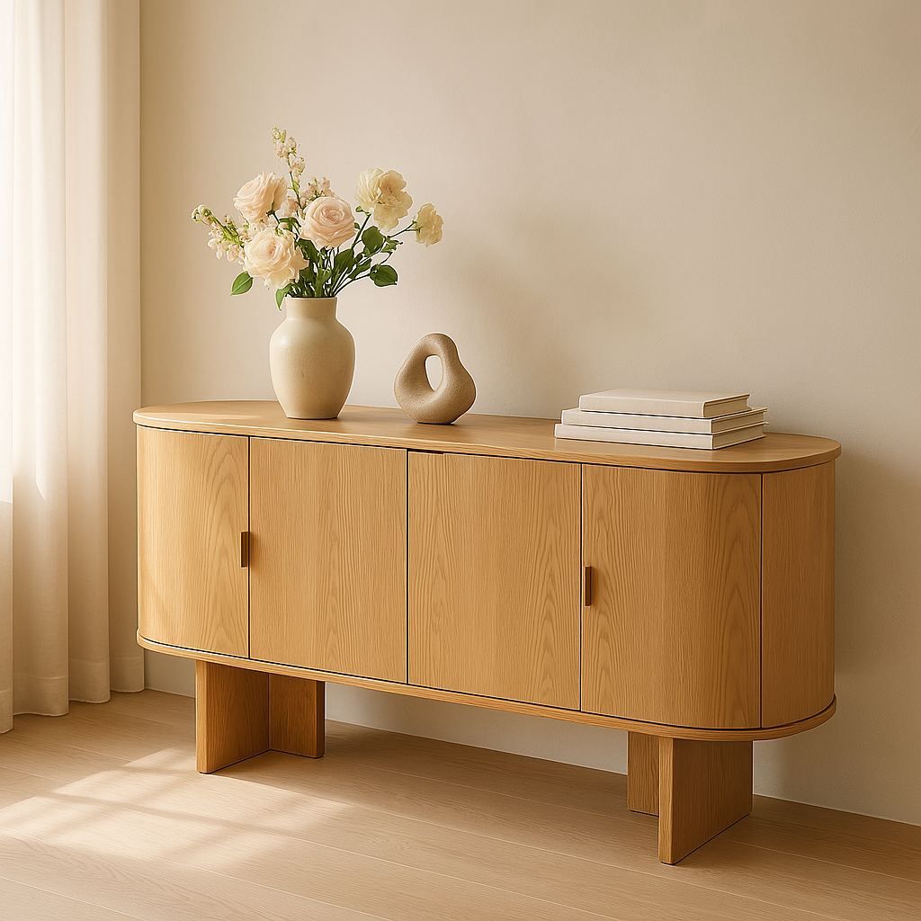 Buffet bas - un buffet bas épuré - fabriqué en noyer massif ou en chêne avec des bords lisses et arrondis en placage de chêne ou entièrement en placage de chêne pour une